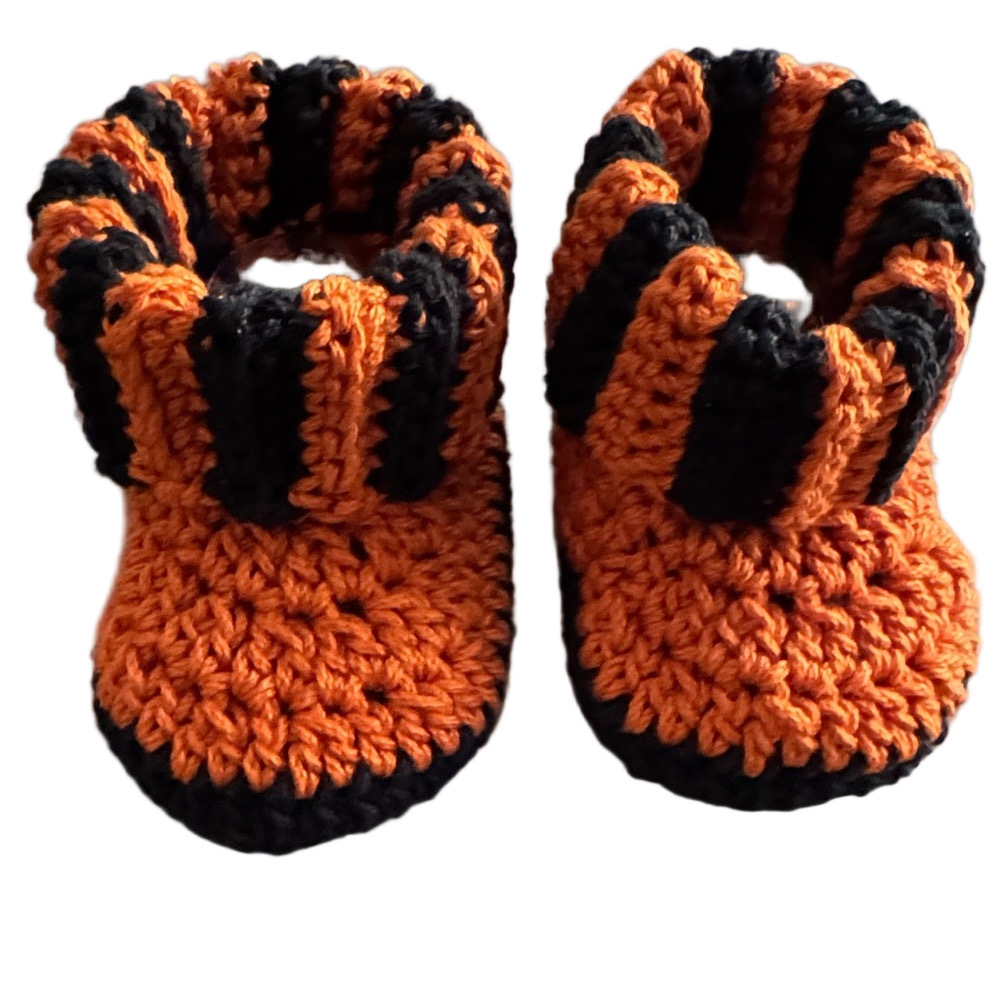 Handmade Crocheted Baby Booties -  Orange and Black Halloween Booties